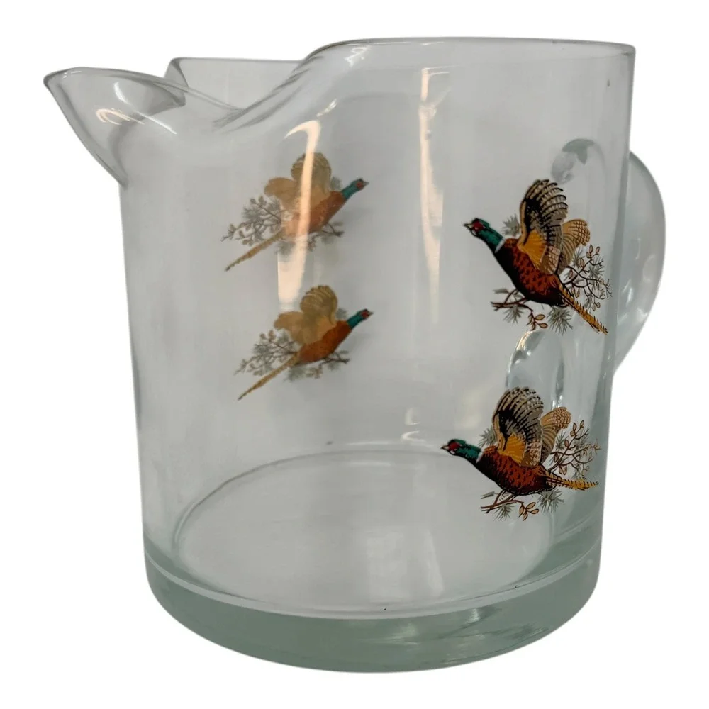 West Virginia Glass Pheasant Cocktail Pitcher 1960s Glass Clear 5.25in Ice Lip